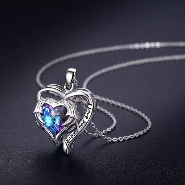 Sterling Silver Angel Wings Heart Pendant Necklace with Purple Crystal-6