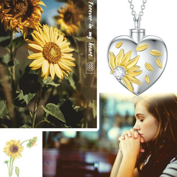 Sterling Silver Sunflower Flower Heart Urn Necklaces-5