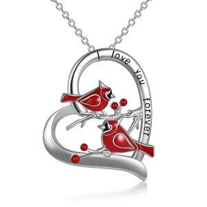 Sterling Silver Red Cardinal Heart-Shaped Pendant Necklace-0