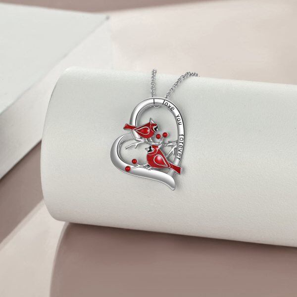 Sterling Silver Red Cardinal Heart-Shaped Pendant Necklace-3