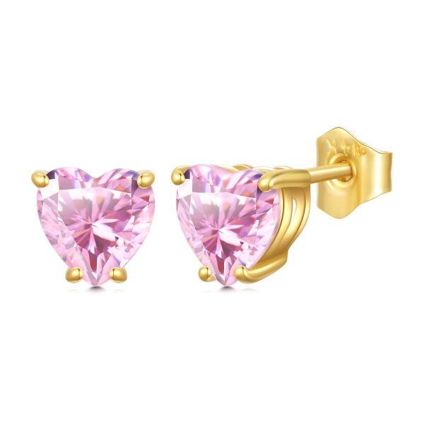 14K Yellow Gold Tiny 6mm Pink Heart CZ Stud Earrings-0