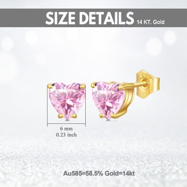 14K Yellow Gold Tiny 6mm Pink Heart CZ Stud Earrings-1