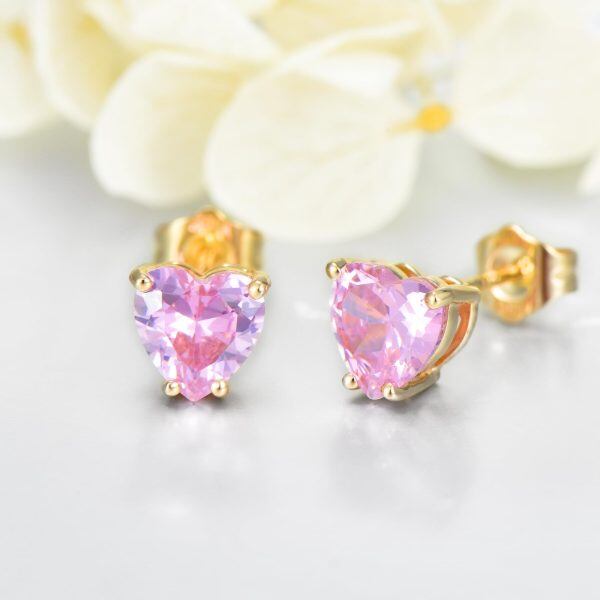 14K Yellow Gold Tiny 6mm Pink Heart CZ Stud Earrings-3