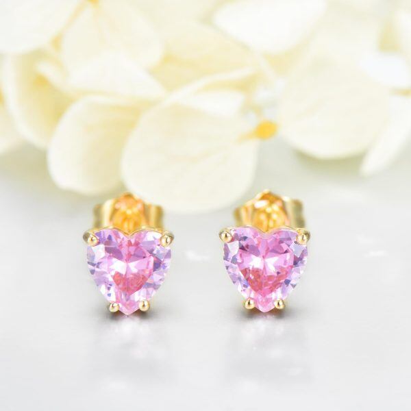 14K Yellow Gold Tiny 6mm Pink Heart CZ Stud Earrings-4