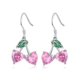 Sterling Silver Pink Heart Cherry Drop Earrings-0