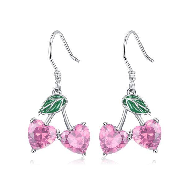 Sterling Silver Pink Heart Cherry Drop Earrings-0