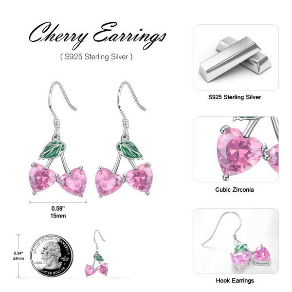 Sterling Silver Pink Heart Cherry Drop Earrings-1