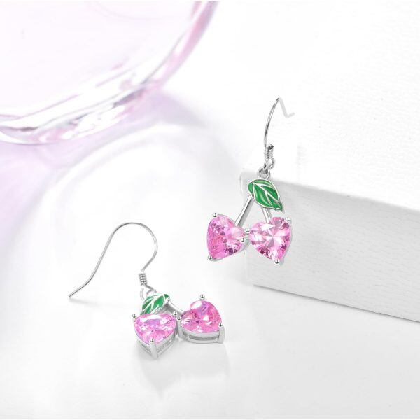 Sterling Silver Pink Heart Cherry Drop Earrings-4