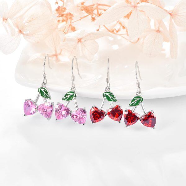 Sterling Silver Pink Heart Cherry Drop Earrings-5