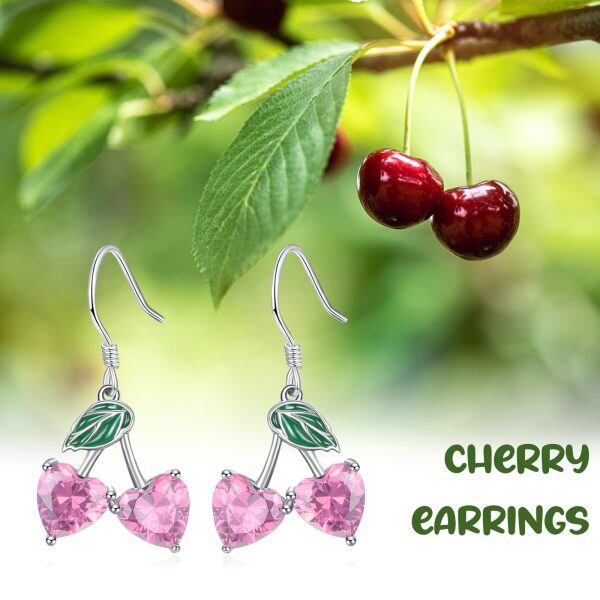 Sterling Silver Pink Heart Cherry Drop Earrings-6