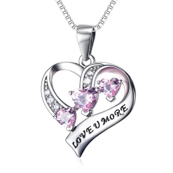 Sterling Silver Pink Heart Pendant Necklace-0