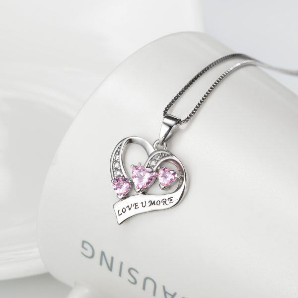 Sterling Silver Pink Heart Pendant Necklace-3