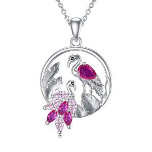 Sterling Silver Flamingo Pendant Necklace with Pink Cubic Zirconia-0