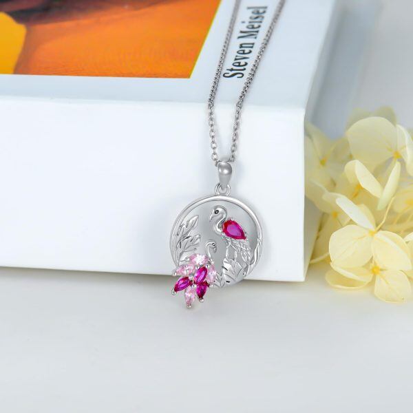 Sterling Silver Flamingo Pendant Necklace with Pink Cubic Zirconia-4