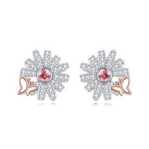 Sterling Silver Pink Daisy Flower Stud Earrings with Small Butterfly-0