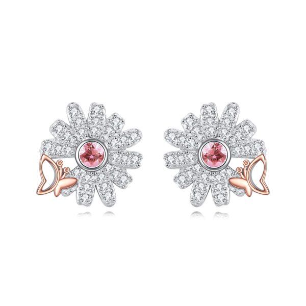 Sterling Silver Pink Daisy Flower Stud Earrings with Small Butterfly-0