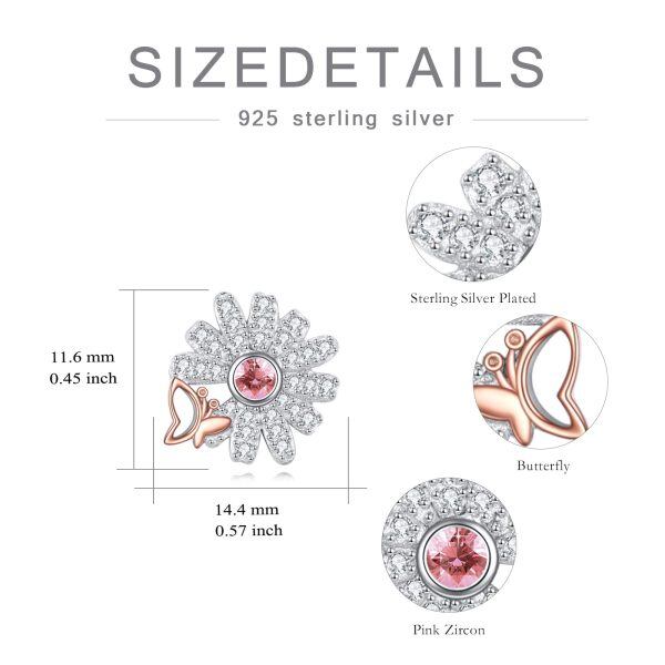 Sterling Silver Pink Daisy Flower Stud Earrings with Small Butterfly-1