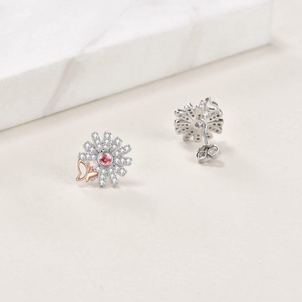 Sterling Silver Pink Daisy Flower Stud Earrings with Small Butterfly-3