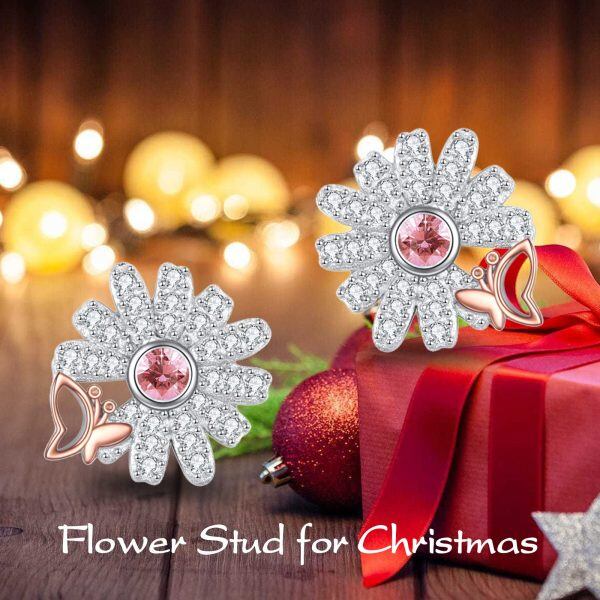 Sterling Silver Pink Daisy Flower Stud Earrings with Small Butterfly-5