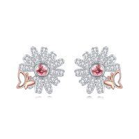 wholesale 925 Sterling Silver Pink CZ Flower Studs with Rose Gold Butterfly Accents - Elegant Floral Jewelry for Women's Gifts (Valentine's Day/Birthday/Anniversary)- Rhodium And Rose Gold Plated