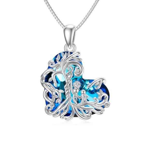 Sterling Silver Mother Child Tree of Life Pendant Necklace with Blue Heart Crystal-0