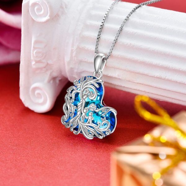 Sterling Silver Mother Child Tree of Life Pendant Necklace with Blue Heart Crystal-3