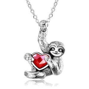 Sterling Silver Sloth and Red Heart CZ Pendant Necklace-0