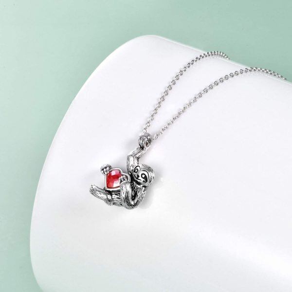 Sterling Silver Sloth and Red Heart CZ Pendant Necklace-3