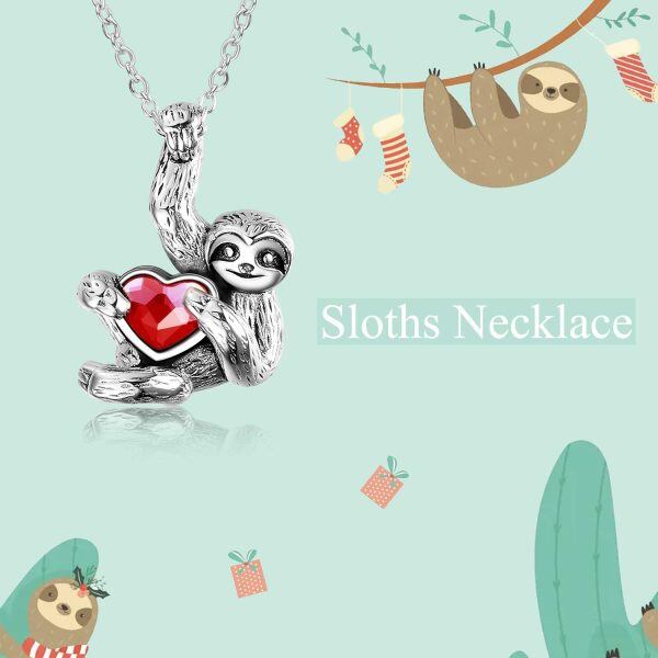 Sterling Silver Sloth and Red Heart CZ Pendant Necklace-5