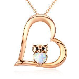 Sterling Silver Opal Owl Heart-Shaped Pendant Necklace-0