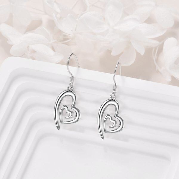 Sterling Silver Double Heart Dangle Earrings-3