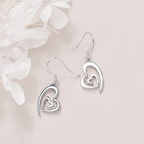 Sterling Silver Double Heart Dangle Earrings-4