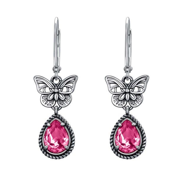 Sterling Silver Oxidized Butterfly Drop Earrings with October Birthstone Pink Crystal-0