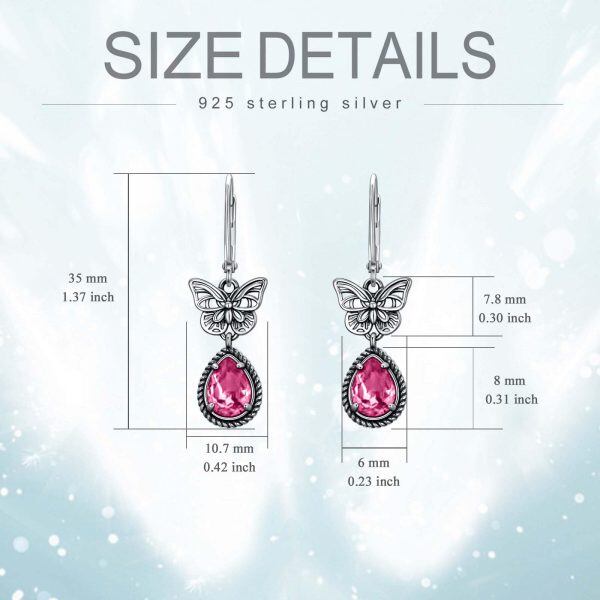 Sterling Silver Oxidized Butterfly Drop Earrings with October Birthstone Pink Crystal-1