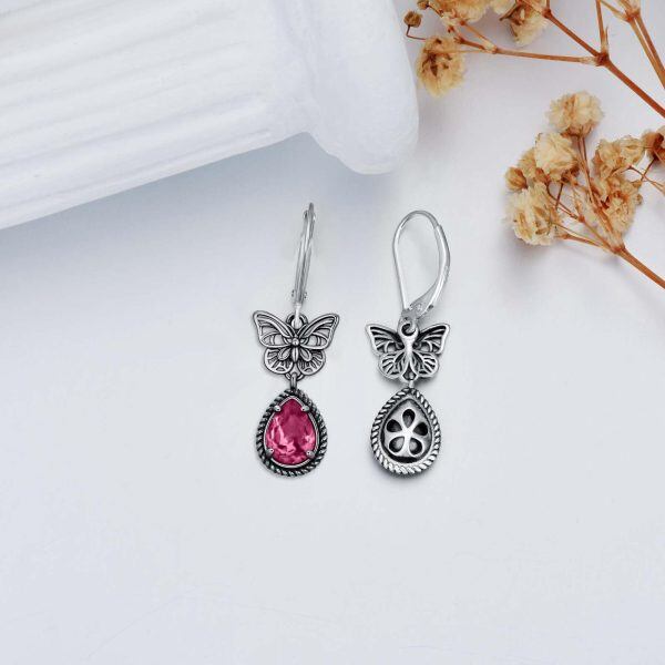 Sterling Silver Oxidized Butterfly Drop Earrings with October Birthstone Pink Crystal-3