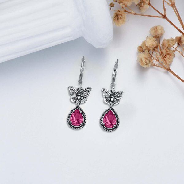 Sterling Silver Oxidized Butterfly Drop Earrings with October Birthstone Pink Crystal-4