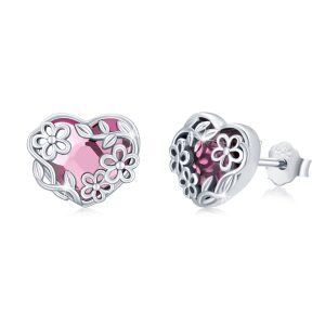 Sterling Silver Pink Heart Crystal Stud Earrings with Daisy Flower-0