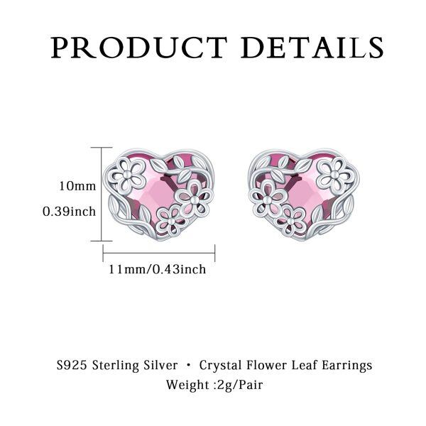 Sterling Silver Pink Heart Crystal Stud Earrings with Daisy Flower-1