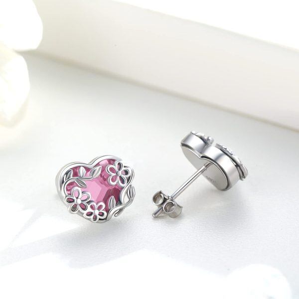 Sterling Silver Pink Heart Crystal Stud Earrings with Daisy Flower-4