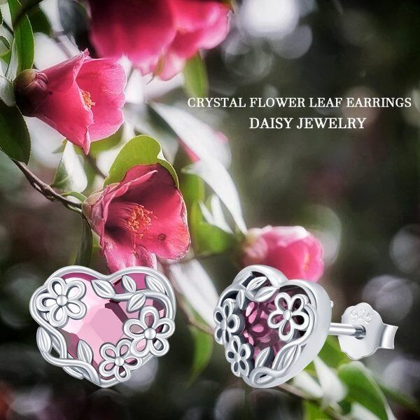 Sterling Silver Pink Heart Crystal Stud Earrings with Daisy Flower-5