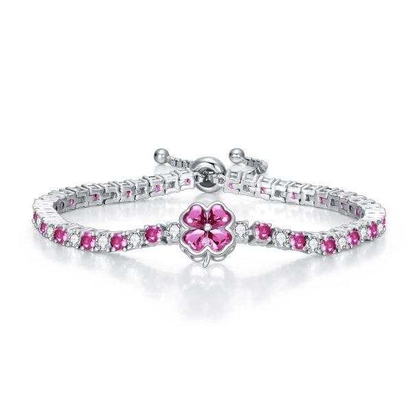 Sterling Silver Pink Cubic Zirconia Four Clover Tennis Bracelet with October Birthstone-0