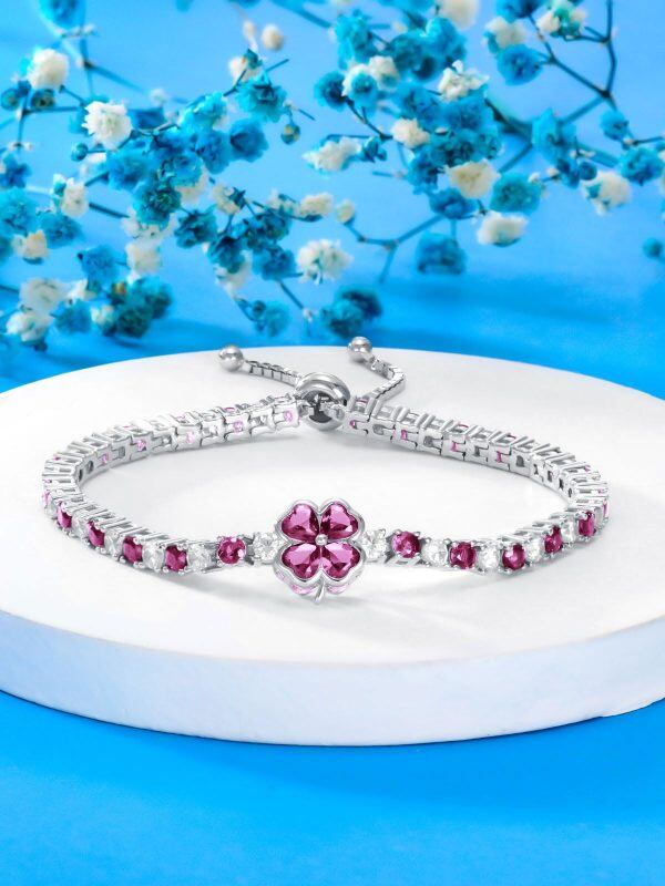 Sterling Silver Pink Cubic Zirconia Four Clover Tennis Bracelet with October Birthstone-3