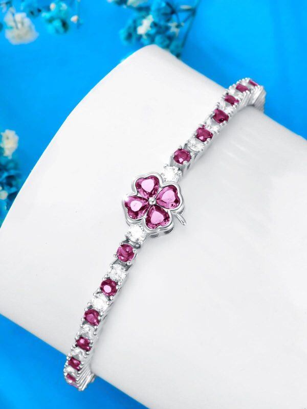 Sterling Silver Pink Cubic Zirconia Four Clover Tennis Bracelet with October Birthstone-4