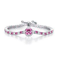 wholesale 925 Sterling Silver Clover-Shaped Pink Sapphire & Cubic Zirconia Tennis Bracelet (8 Inches)- Rhodium Plated