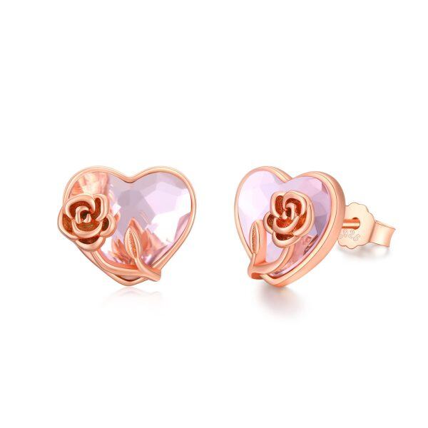 Sterling Silver Heart Pink Crystal Jewelry Sets with Rose Flower -6