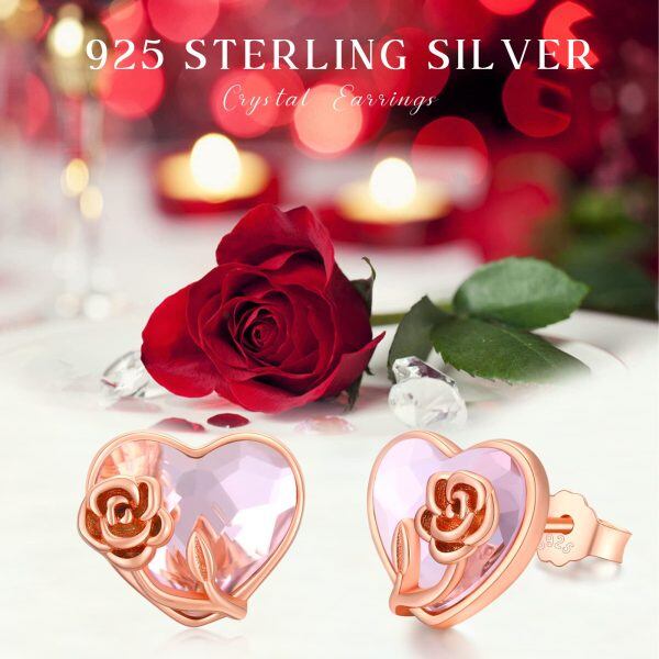 Sterling Silver Heart Pink Crystal Jewelry Sets with Rose Flower -11