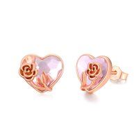 wholesale 925 Sterling Silver Heart-Shaped Pink Crystal Stud Earrings with Rose Flowers- Rose Gold Plated