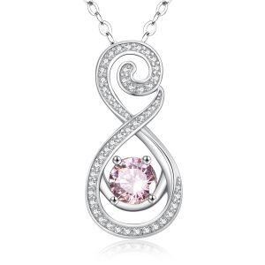 Sterling Silver Infinity Pink Rose Quartz Pendant Necklaces with October Birthstone-0