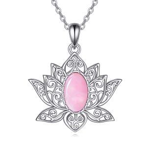 Sterling Silver Lotus Flower Rose Quartz Pendant Necklaces-0