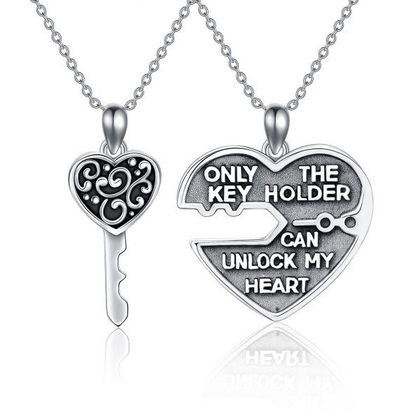 Sterling Silver Lock and Key Couple Pendant Necklaces-0